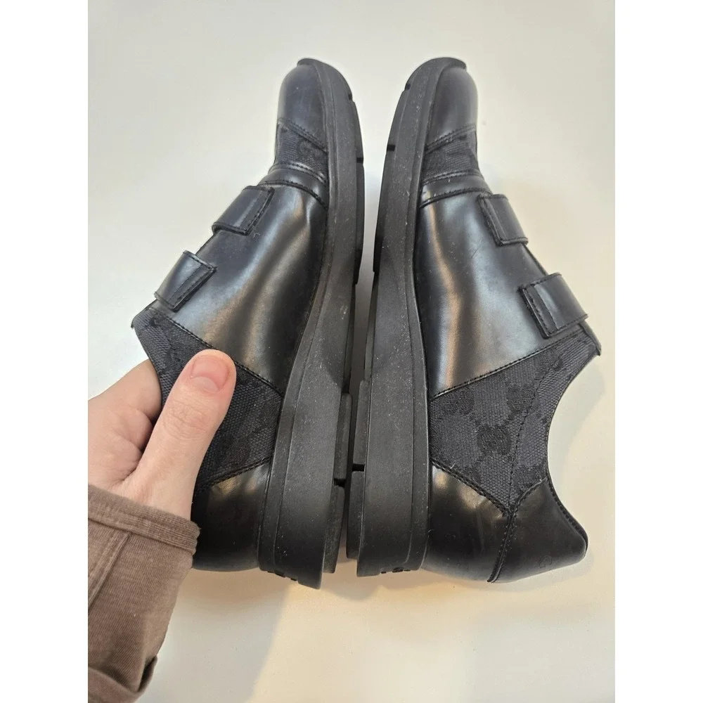 Gucci Shoes Mens Size 7.5 Black Strap Leather Canvas Logo Made In Italy
